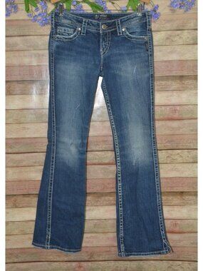 Silver Jeans Twisted Bootcut Jeans Womens 28 x33 Blue Cowgirl Distressed Denim